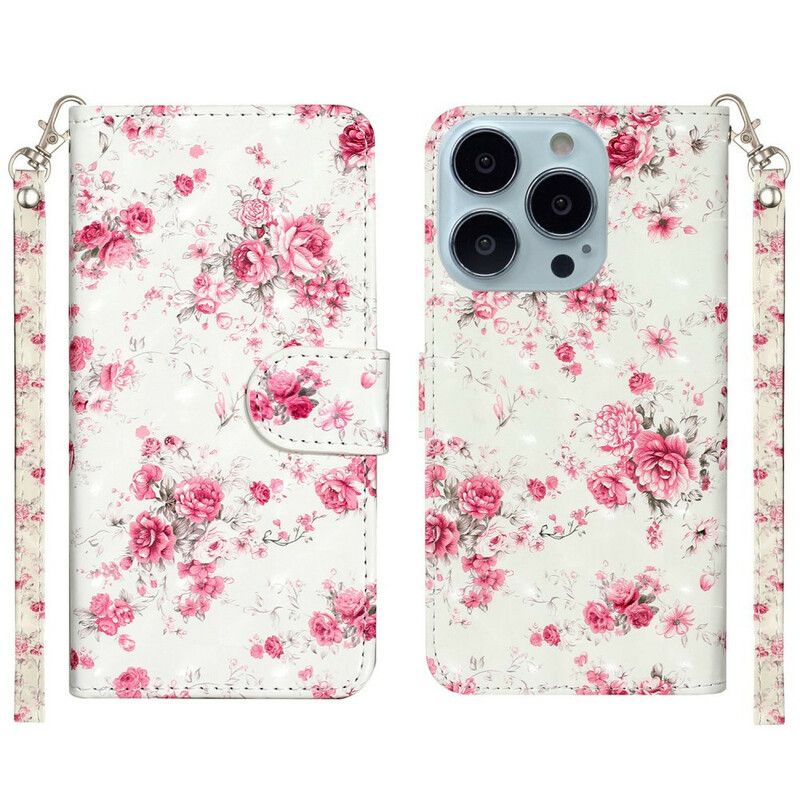 Flip Cover iPhone 13 Pro Max Med Snor Blomster Lyspletter Med Rem