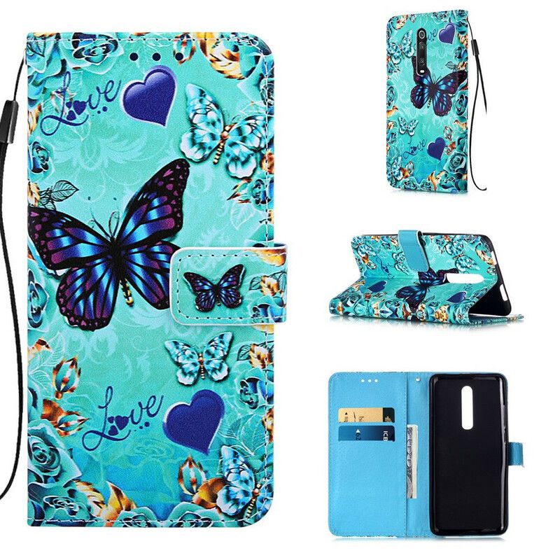 Læder Cover Xiaomi Mi 9T / Mi 9T Pro Med Snor Elsker Sommerfugle Strappy