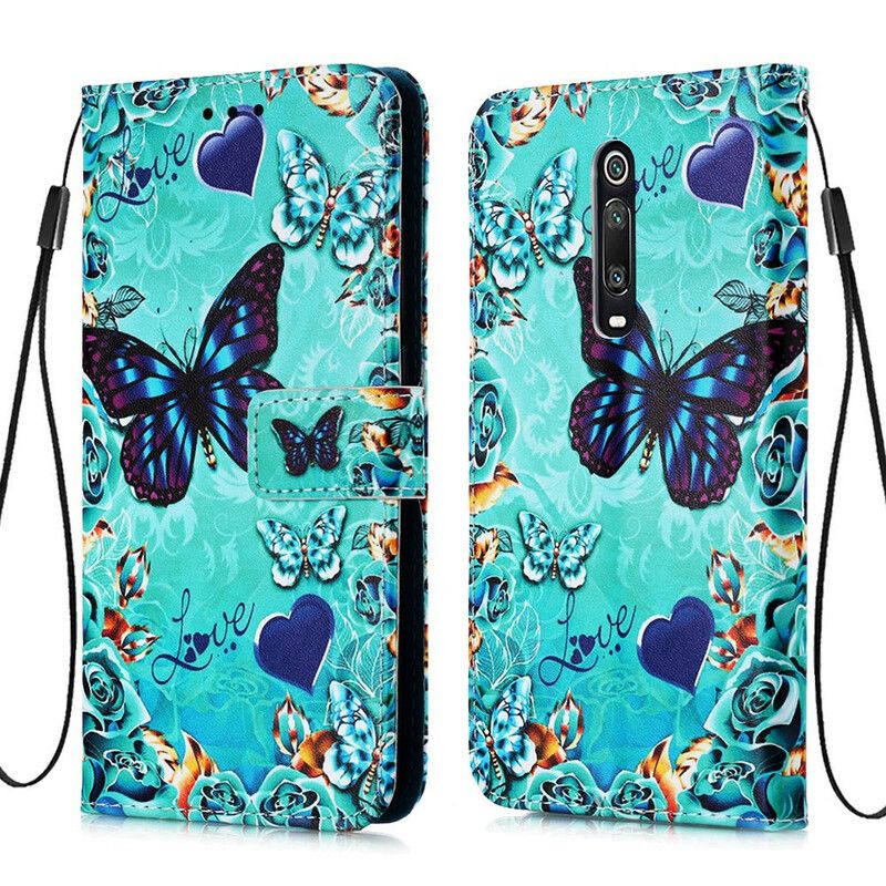 Læder Cover Xiaomi Mi 9T / Mi 9T Pro Med Snor Elsker Sommerfugle Strappy