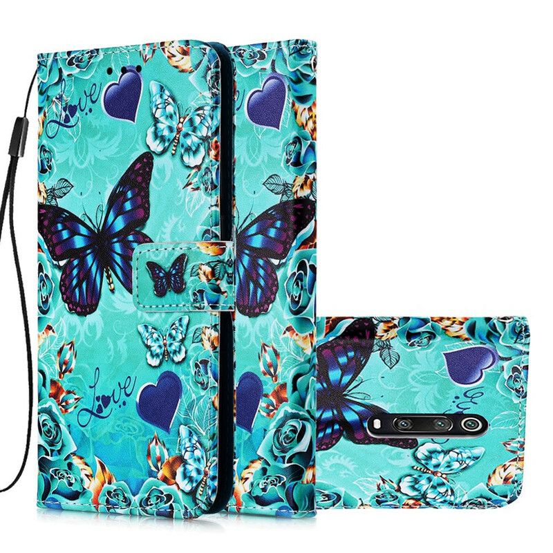 Læder Cover Xiaomi Mi 9T / Mi 9T Pro Med Snor Elsker Sommerfugle Strappy