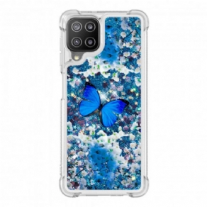 Cover Samsung Galaxy A22 4G Blå Glitter Sommerfugle