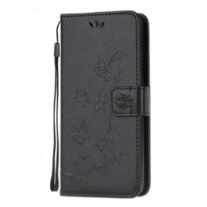 Flip Cover Samsung Galaxy A22 4G Med Snor Thong Sommerfugle Og Blomster