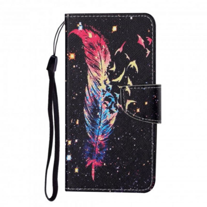 Læder Cover Samsung Galaxy A22 4G Med Snor Farverig Stropfjer