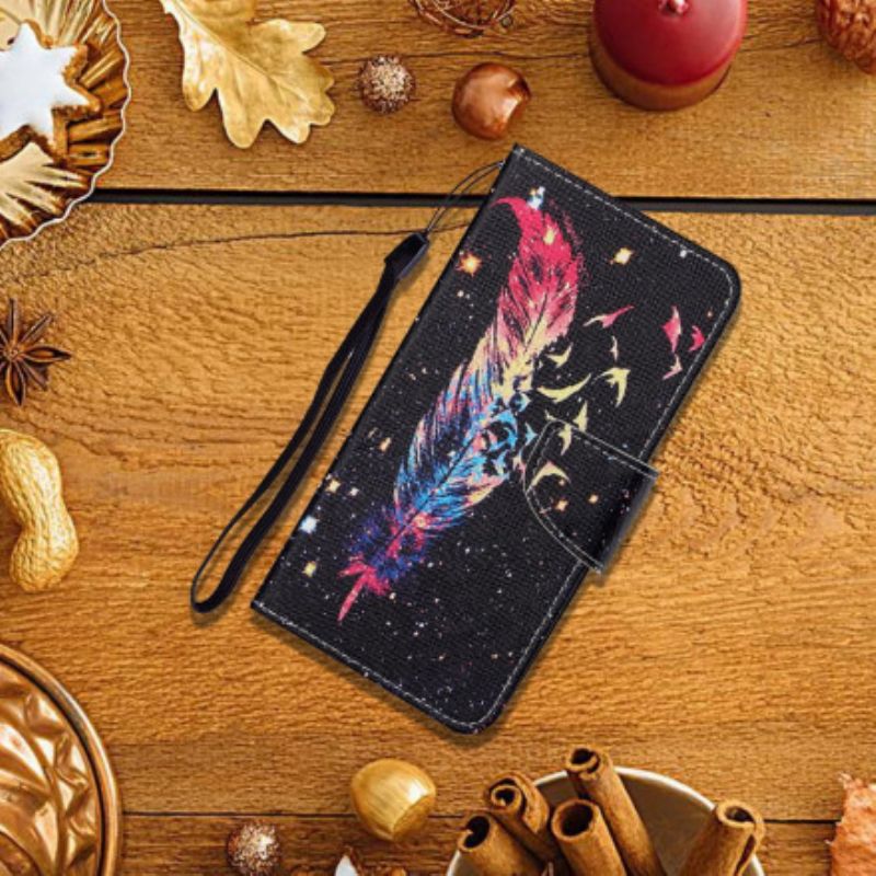 Læder Cover Samsung Galaxy A22 4G Med Snor Farverig Stropfjer
