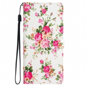 Flip Cover Samsung Galaxy S24 Plus 5g Røde Blomster Med Rem