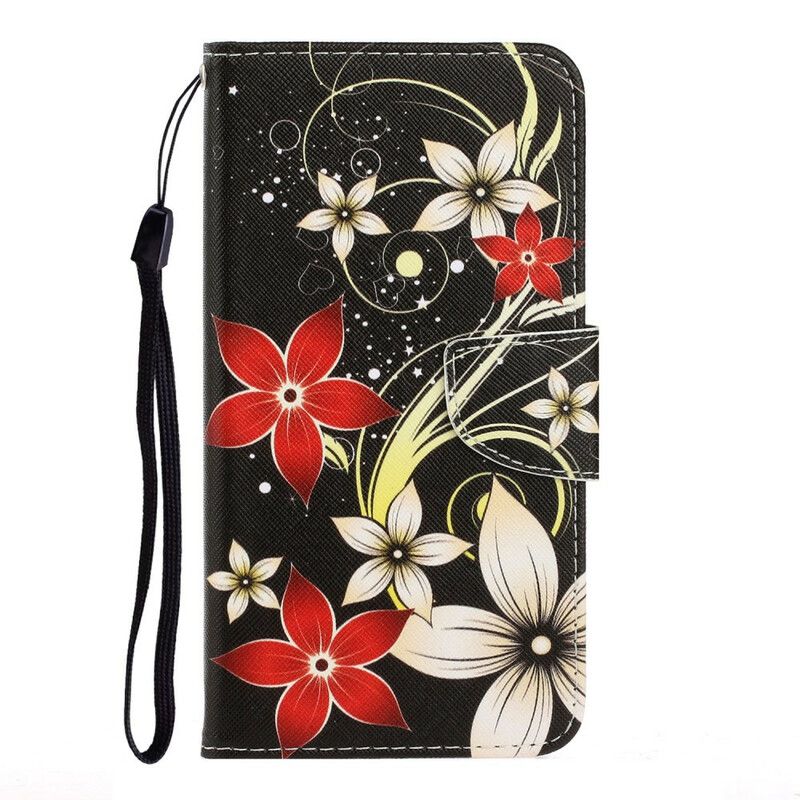 Læder Cover Samsung Galaxy S20 Med Snor Farverige Stropblomster