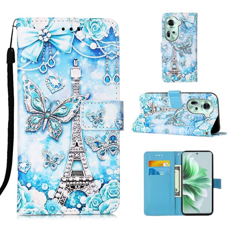 Læder Cover Oppo Reno 11 5g Telefon Etui Eiffeltårnet Og Sommerfugle Med Rem