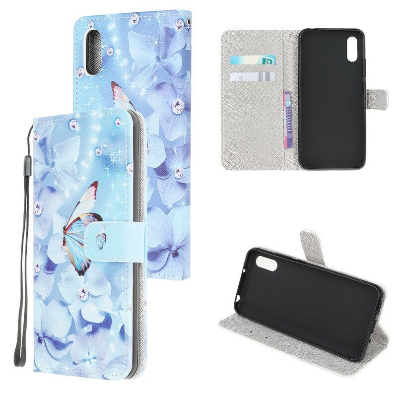 Læder Cover Xiaomi Redmi 9A Med Snor Sommerfugle Med Diamantrem