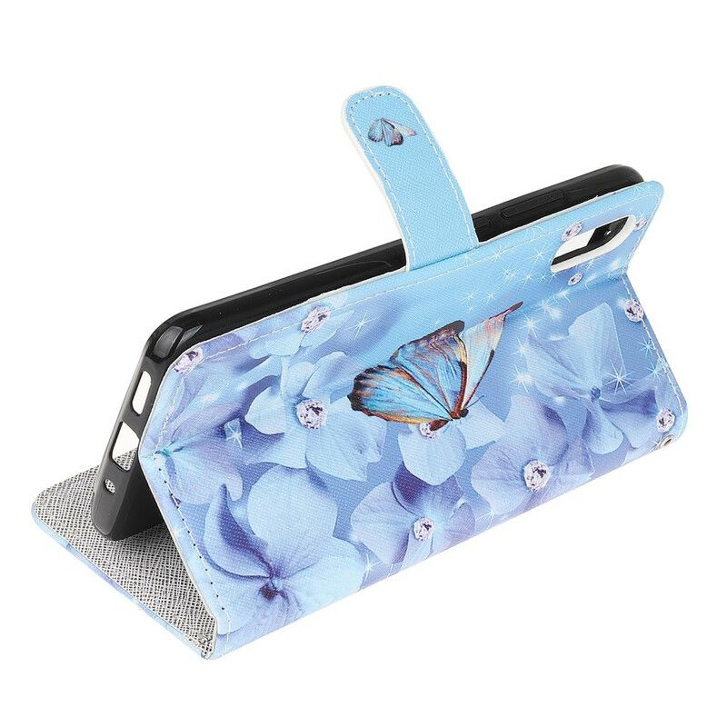 Læder Cover Xiaomi Redmi 9A Med Snor Sommerfugle Med Diamantrem