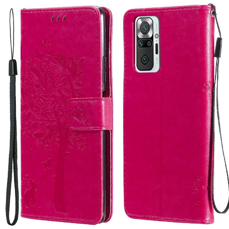 Flip Cover Xiaomi Redmi Note 10 Pro Med Snor Træ Og Strappy Cat