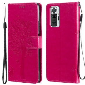 Flip Cover Xiaomi Redmi Note 10 Pro Med Snor Træ Og Strappy Cat