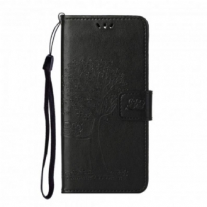 Flip Cover Xiaomi Redmi Note 10 Pro Med Snor Træ Og Strappy Ugler