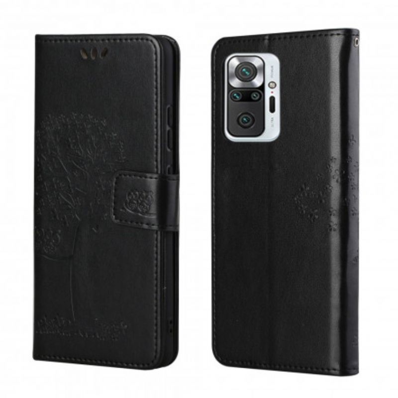 Flip Cover Xiaomi Redmi Note 10 Pro Med Snor Træ Og Strappy Ugler