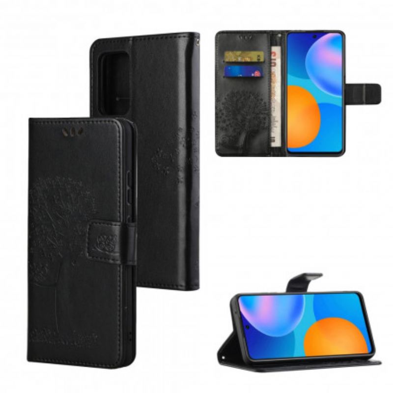 Flip Cover Xiaomi Redmi Note 10 Pro Med Snor Træ Og Strappy Ugler
