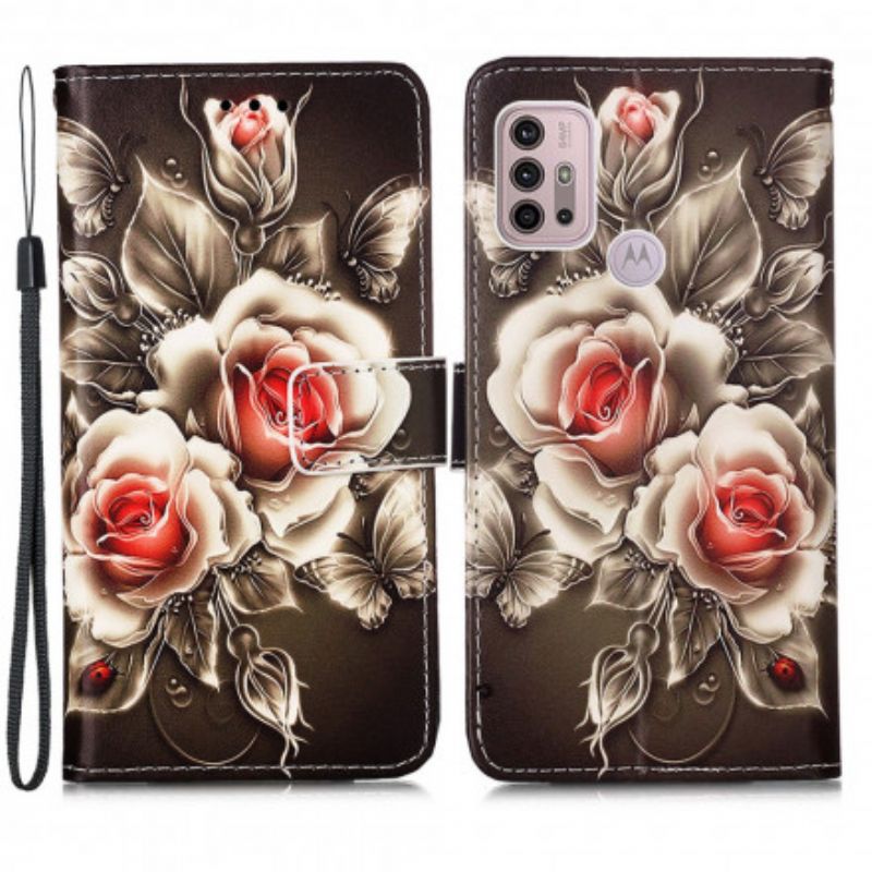 Læder Cover Moto G10 / G30 Gyldne Roser