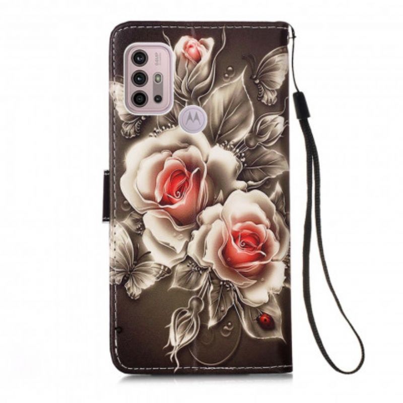 Læder Cover Moto G10 / G30 Gyldne Roser