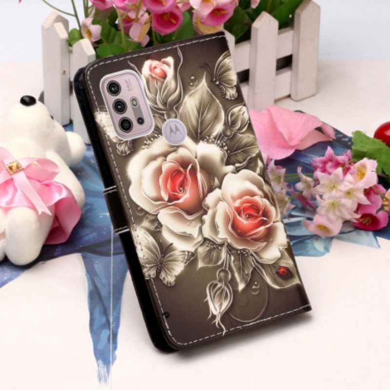Læder Cover Moto G10 / G30 Gyldne Roser