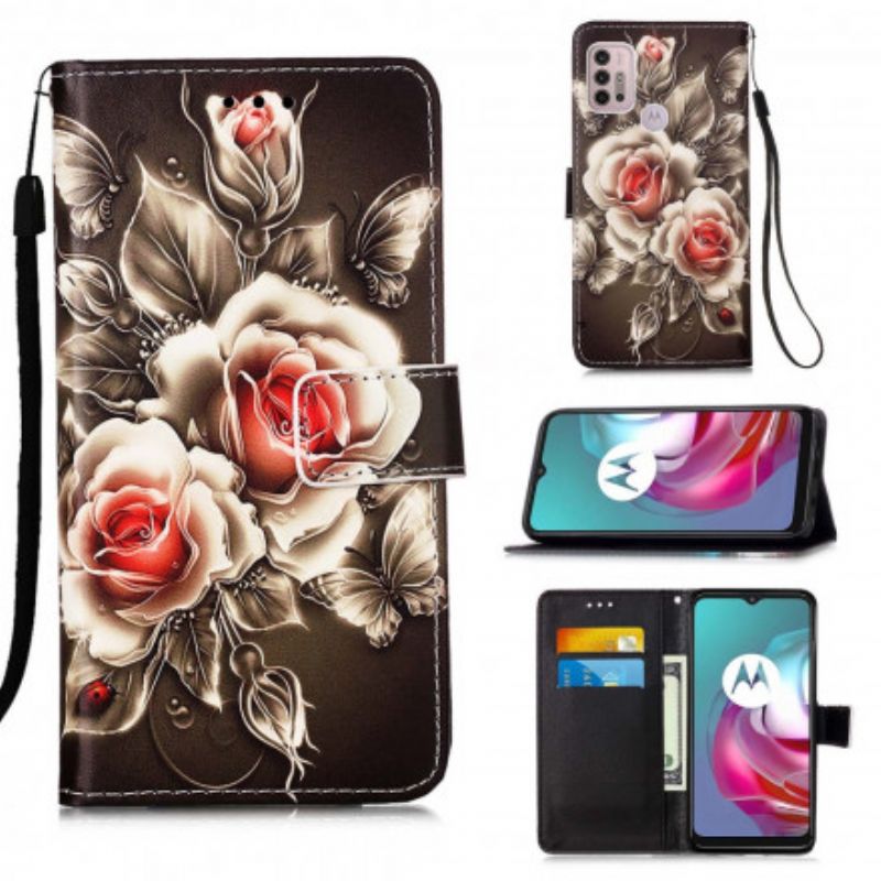 Læder Cover Moto G10 / G30 Gyldne Roser