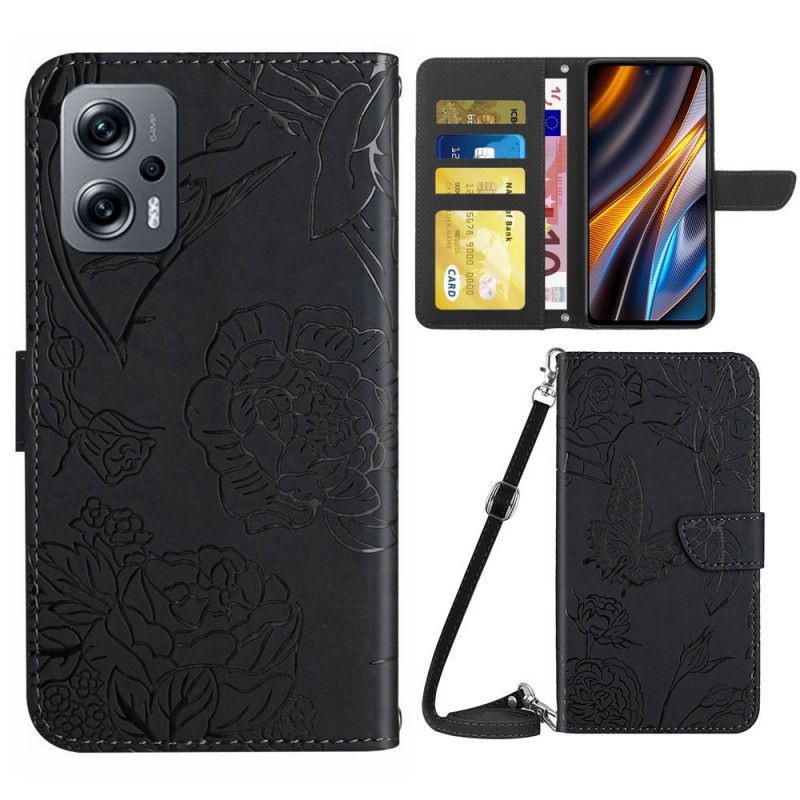 Flip Cover Poco X4 GT Faux Læder Sommerfugle Med Skulderrem