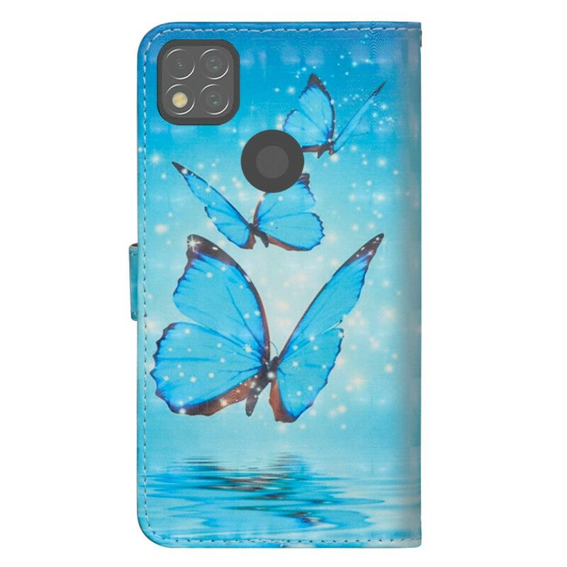 Læder Cover Xiaomi Redmi 9C Flyvende Blå Sommerfugle