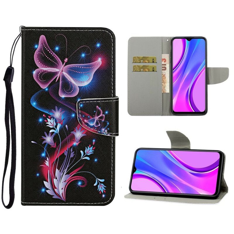 Læder Cover Xiaomi Redmi 9C Forheksede Sommerfugle