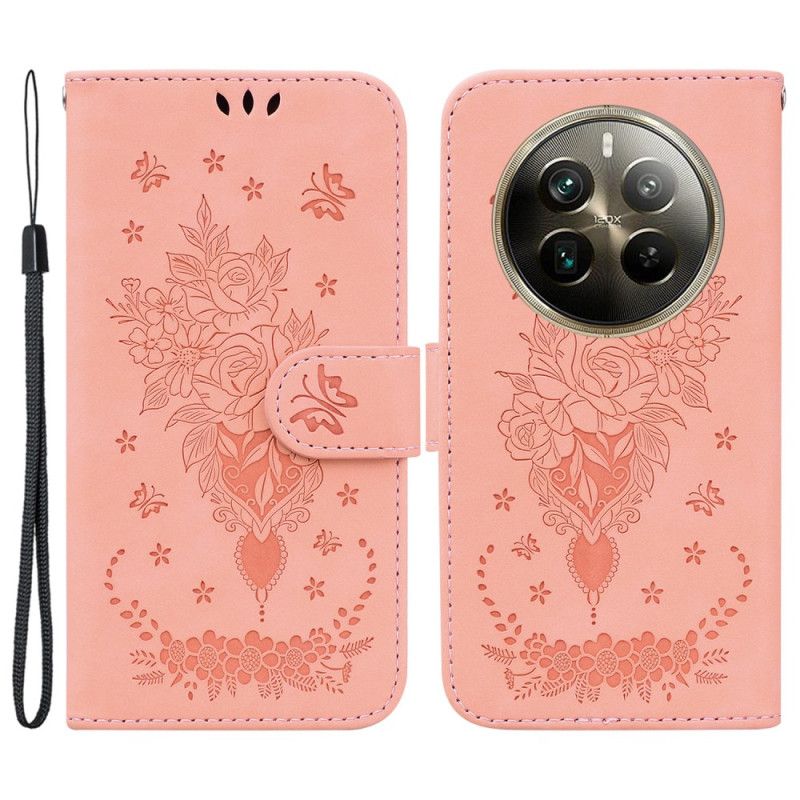 Læder Cover Realme 12 Pro / 12 Pro Plus Telefon Etui Roser Og Sommerfugle Med Rem