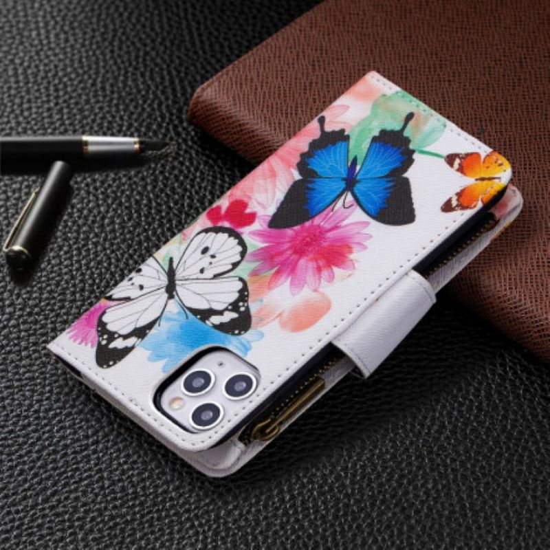 Læder Cover iPhone 11 Pro Max Sommerfugle Med Lynlåslomme