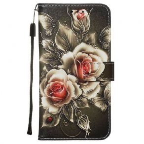 Læder Cover Xiaomi Redmi Note 8 Med Snor Sort Rose Med Rem