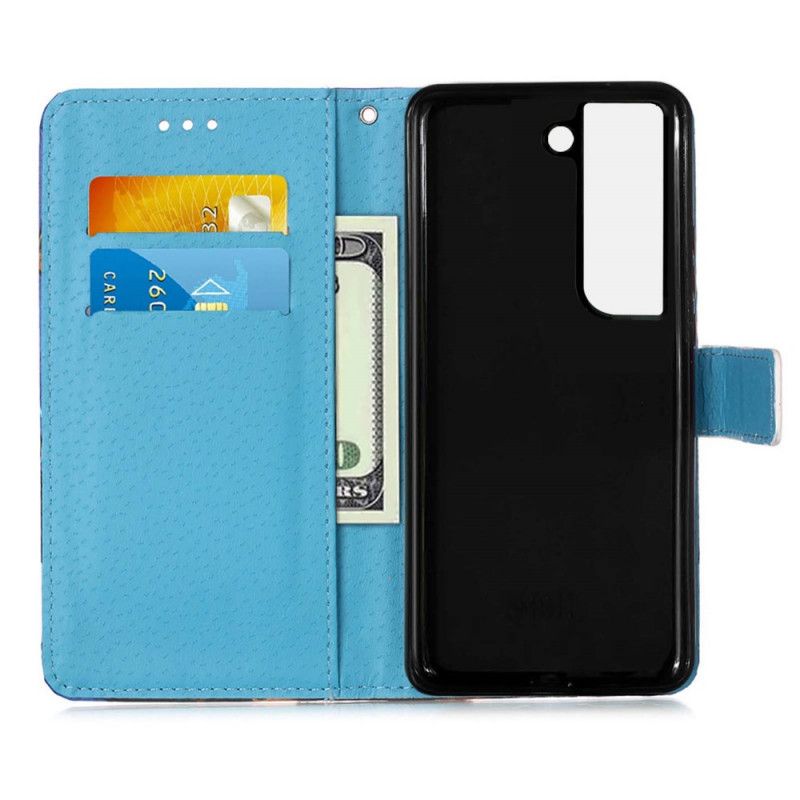 Flip Cover Samsung Galaxy S22 Plus 5G Med Snor Eiffeltårnets Sommerfugle Med Rem