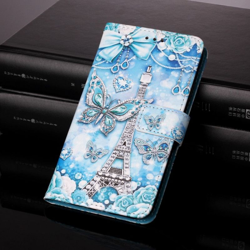 Flip Cover Samsung Galaxy S22 Plus 5G Med Snor Eiffeltårnets Sommerfugle Med Rem