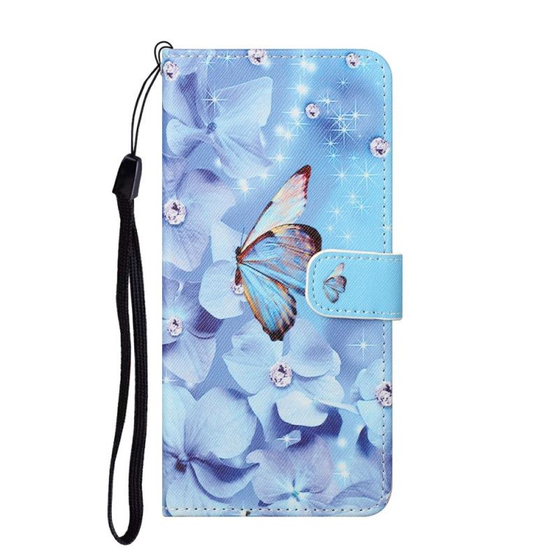 Flip Cover Samsung Galaxy S22 Plus 5G Med Snor Sommerfugle Med Diamantrem
