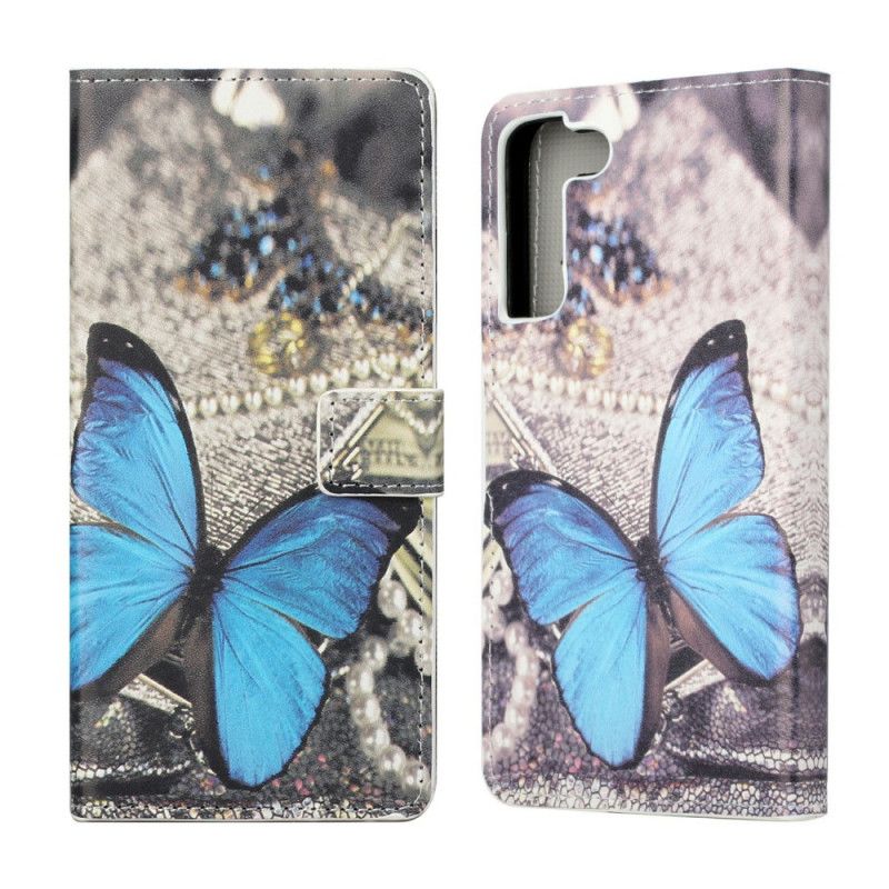 Læder Cover Samsung Galaxy S22 Plus 5G Blå Prestige Sommerfugl