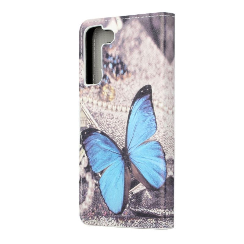 Læder Cover Samsung Galaxy S22 Plus 5G Blå Prestige Sommerfugl