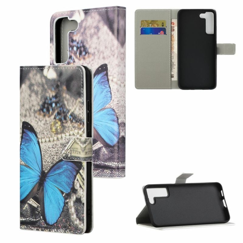 Læder Cover Samsung Galaxy S22 Plus 5G Blå Prestige Sommerfugl