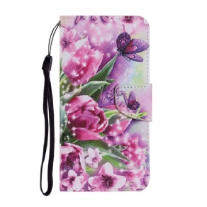 Læder Cover Samsung Galaxy S22 Plus 5G Sommerfugle Og Tulipaner