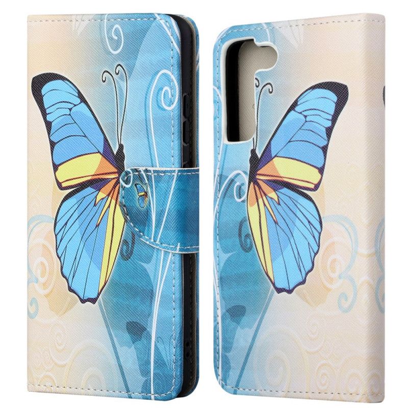 Læder Cover Samsung Galaxy S22 Plus 5G Suveræne Sommerfugle