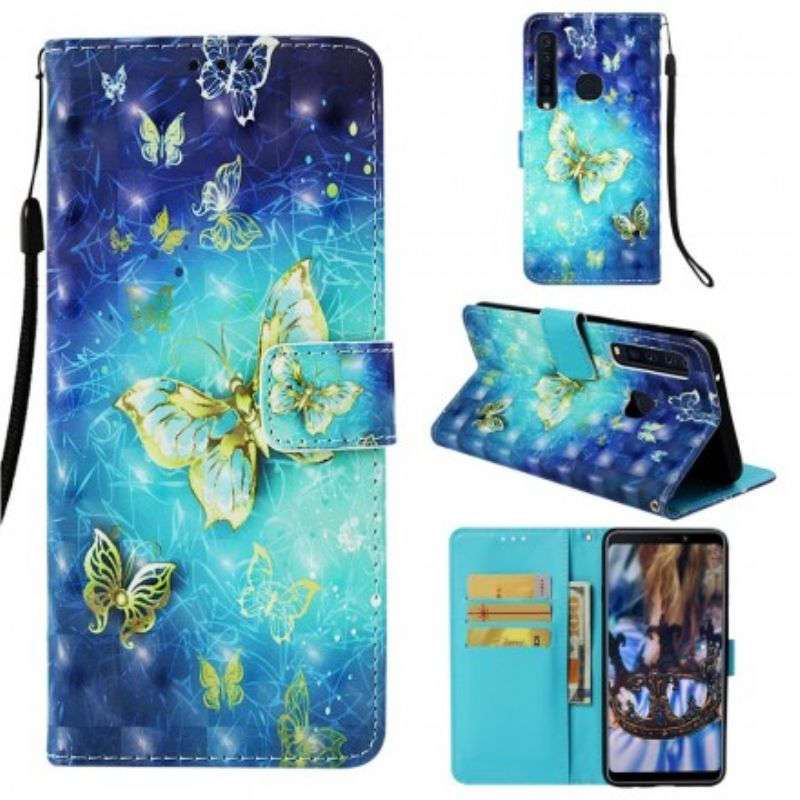 Flip Cover Samsung Galaxy A9 Med Snor Gylden Strap Sommerfugle