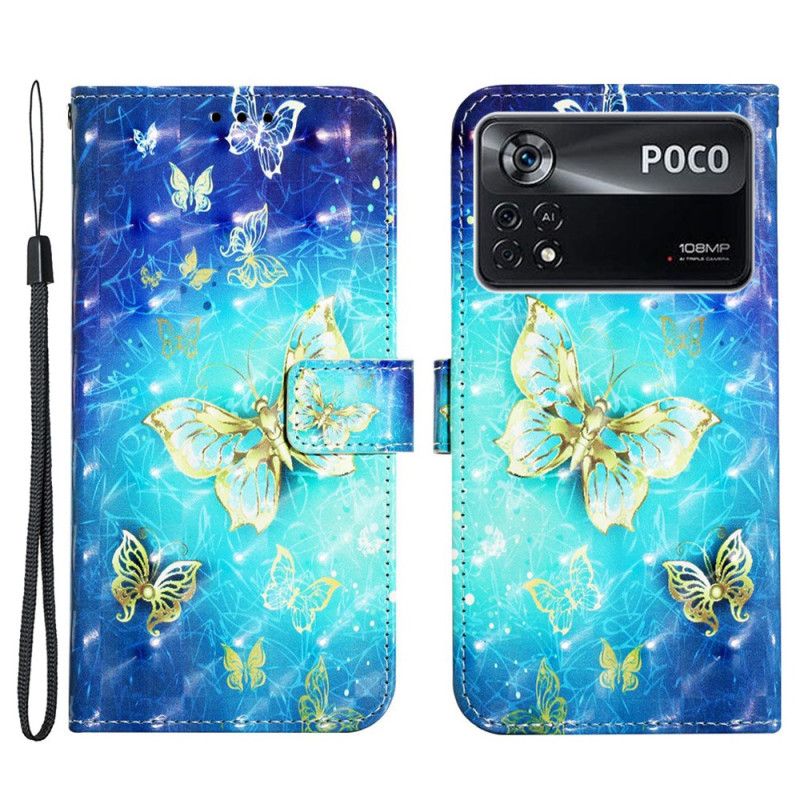 Flip Cover Poco X4 Pro 5G Med Snor Flyvende Sommerfugle I Rem