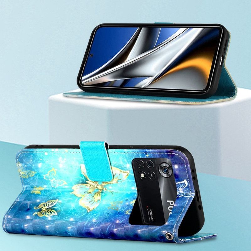 Flip Cover Poco X4 Pro 5G Med Snor Flyvende Sommerfugle I Rem