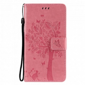 Flip Cover Oppo Reno 6 5G Med Snor Træ Og Strappy Cat