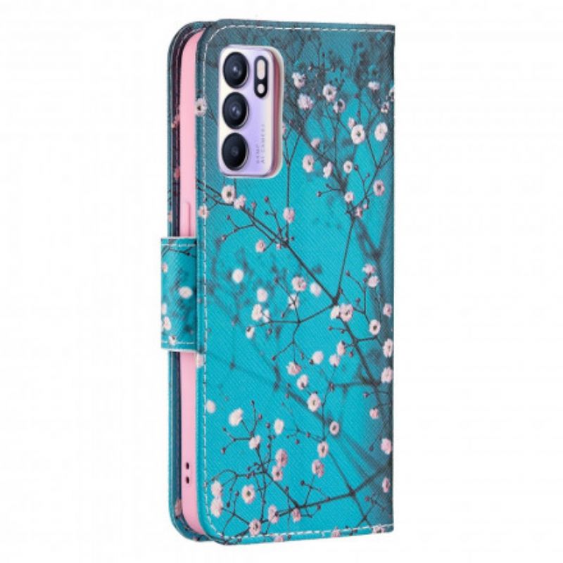 Læder Cover Oppo Reno 6 5G Blomstrende Grene