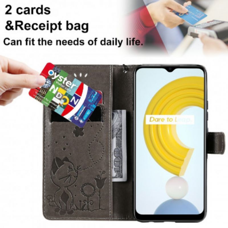 Læder Cover Realme C21 Med Snor Kat Og Bi Med Rem