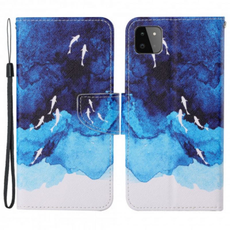Læder Cover Samsung Galaxy A22 5G Hav Med Rem