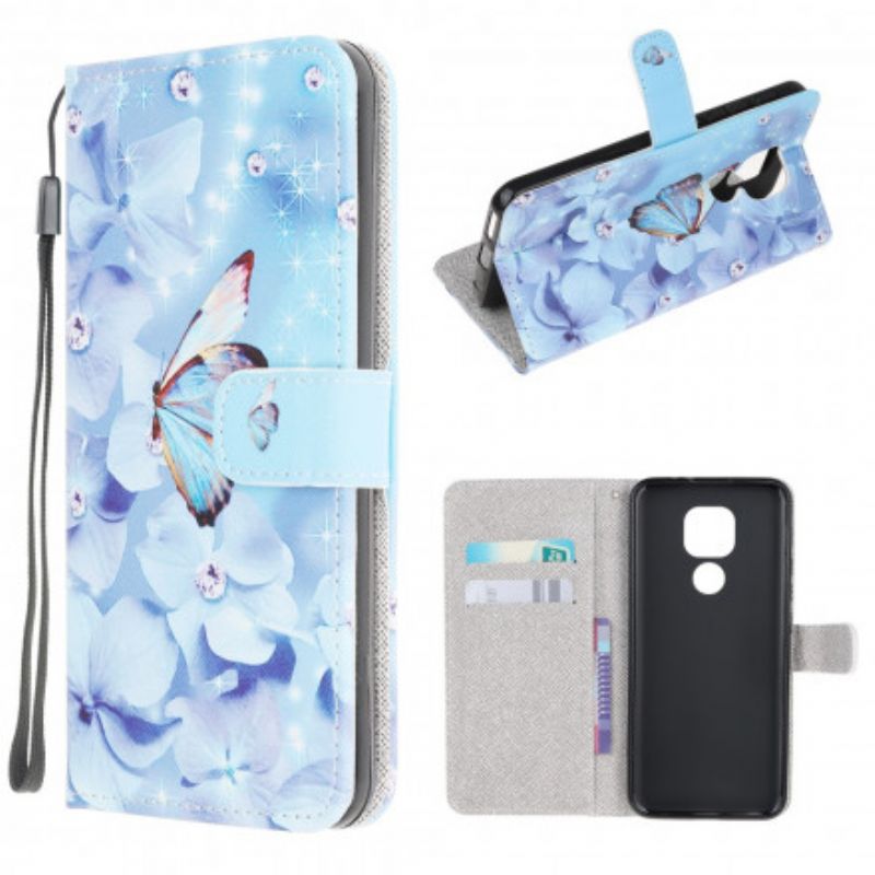 Læder Cover Moto G9 Play Med Snor Sommerfugle Med Diamantrem