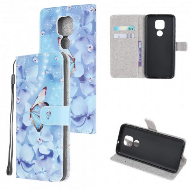 Læder Cover Moto G9 Play Med Snor Sommerfugle Med Diamantrem
