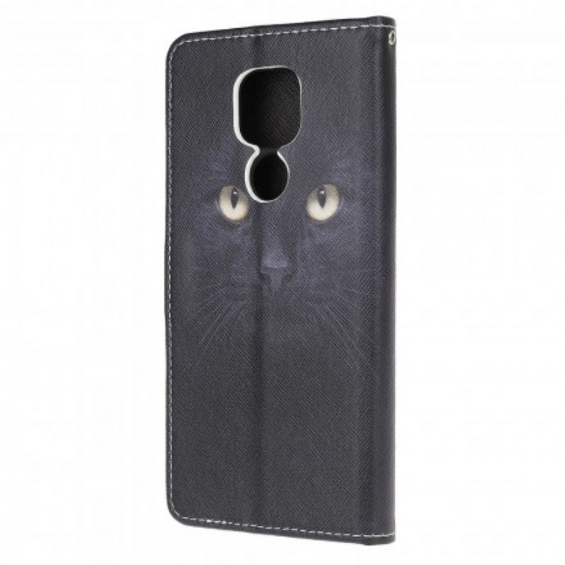 Læder Cover Moto G9 Play Med Snor Sorte Katteøjne Med Rem
