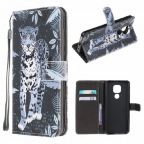 Læder Cover Moto G9 Play Med Snor Thong Leopard