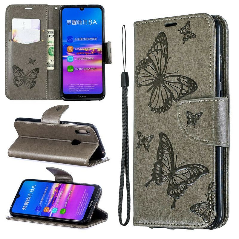 Flip Cover Huawei Y6 2019 / Honor 8A Læder Cover Sommerfugle Og Skråklap