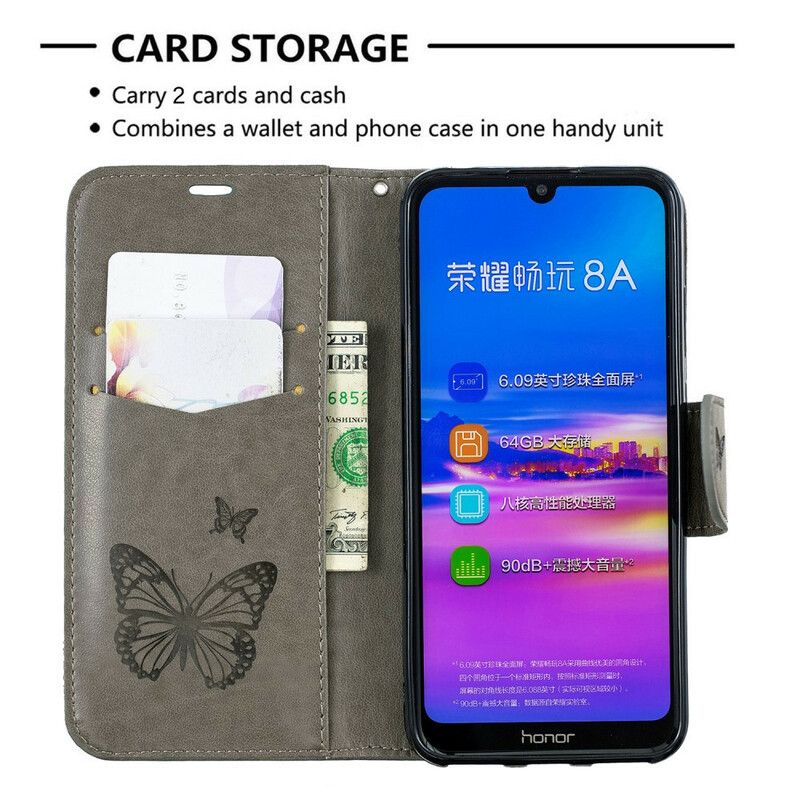 Flip Cover Huawei Y6 2019 / Honor 8A Læder Cover Sommerfugle Og Skråklap