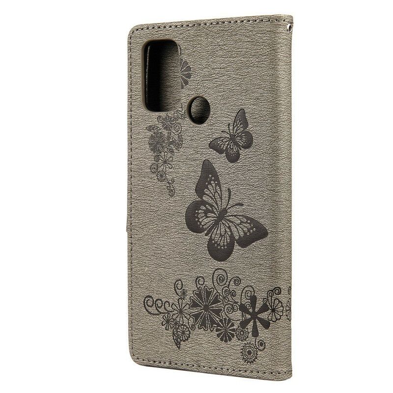 Læder Cover Oppo A53 / A53s Kun Sommerfugle Med Snor